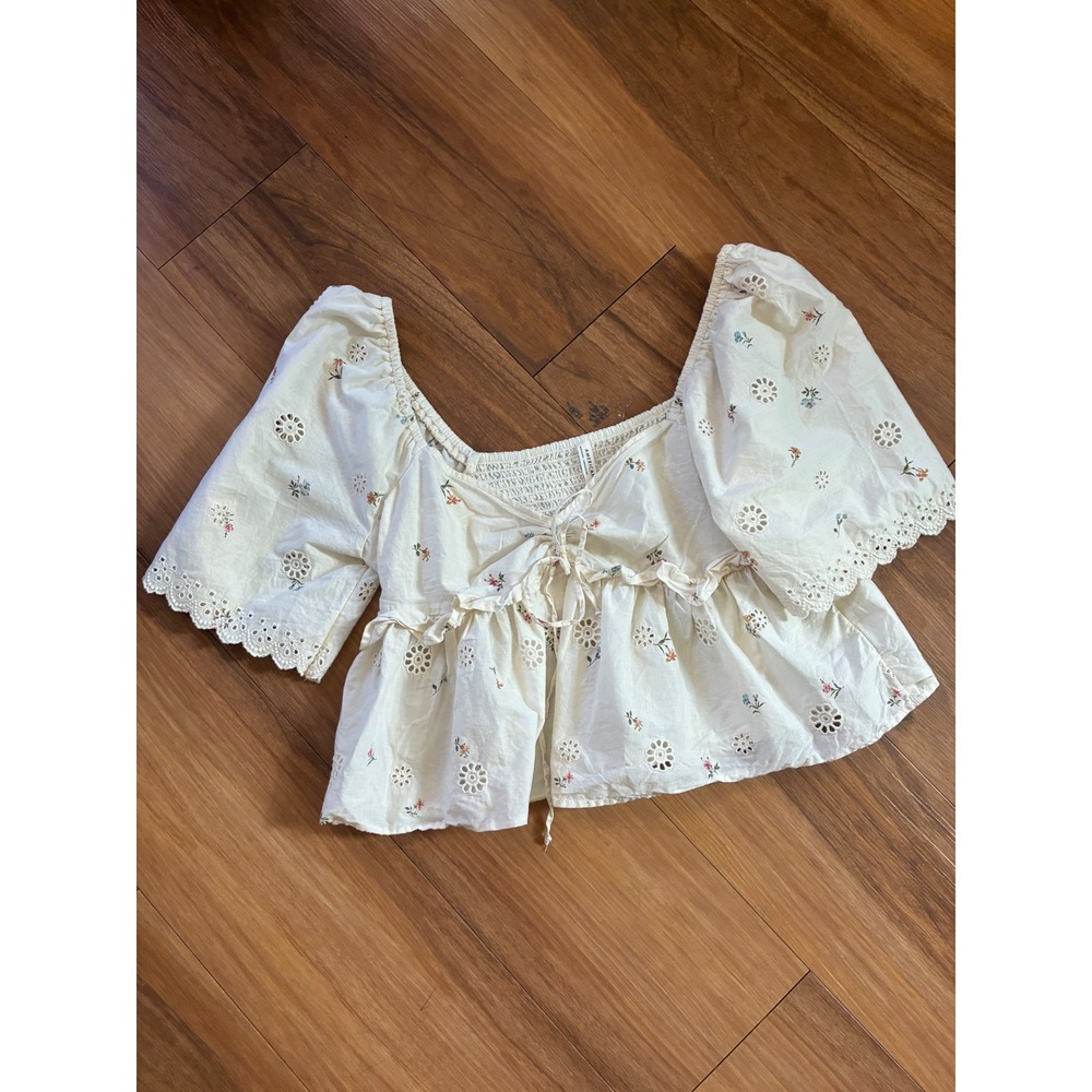 American Eagle Floral Eyelet Babydoll Top Smocked Puff Sleeve Off-White S Boho